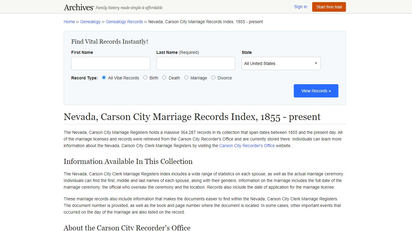 Nevada, Carson City Marriage Records Index, 1855 - present - Archives.com