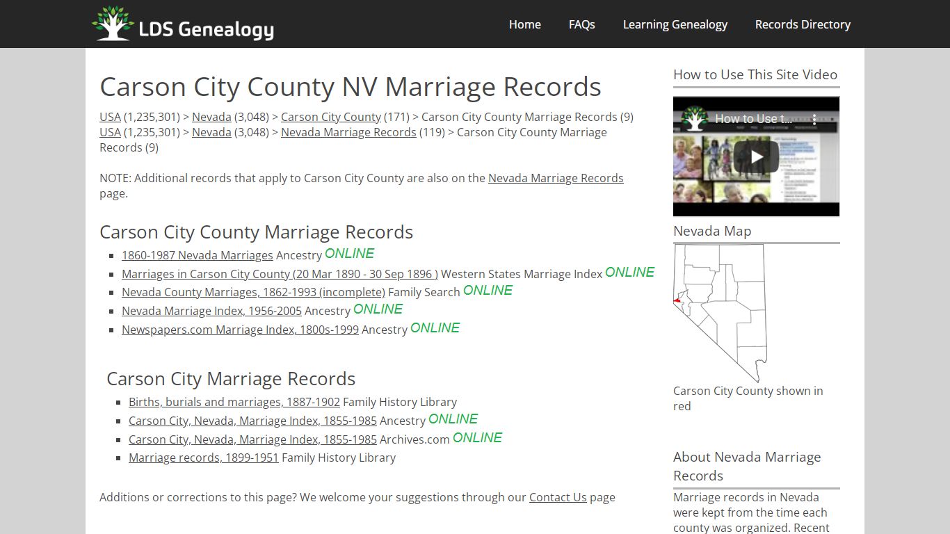 Carson City County NV Marriage Records - LDS Genealogy